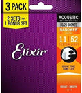 Set de Cuerdas Elixir 16538 Guitarra Acústica 80/20 Bronze NANOWEB Custom Light 11-52 Pack 3 Juegos