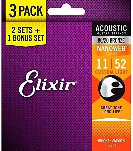 Set de Cuerdas Elixir 16538 Guitarra Acústica 80/20 Bronze NANOWEB Custom Light 11-52 Pack 3 Juegos