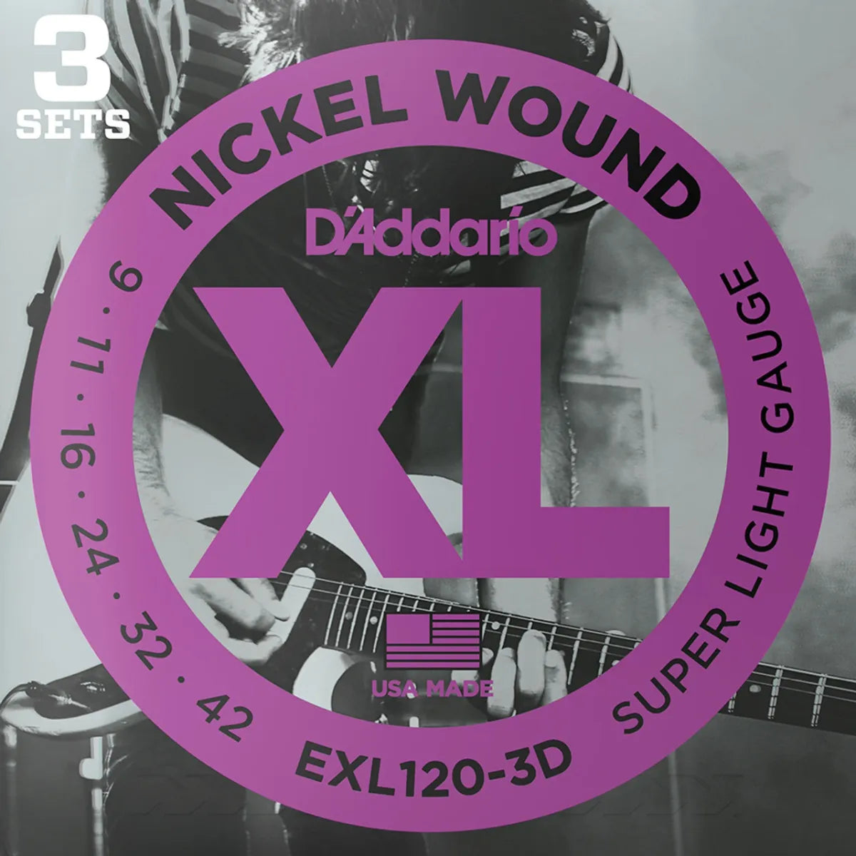 Set de Cuerdas D’Addario EXL120-3D Guitarra Eléctrica XL Nickel Wound Super Light 09-42 Pack 3 Juegos