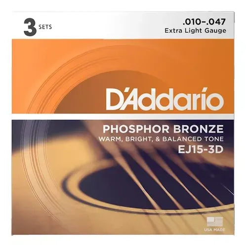 Tri-Pack Set de Cuerdas D'Addario EJ15-3D Phosphor Bronze para Guitarra Acústica .010-.047 | 3 Juegos