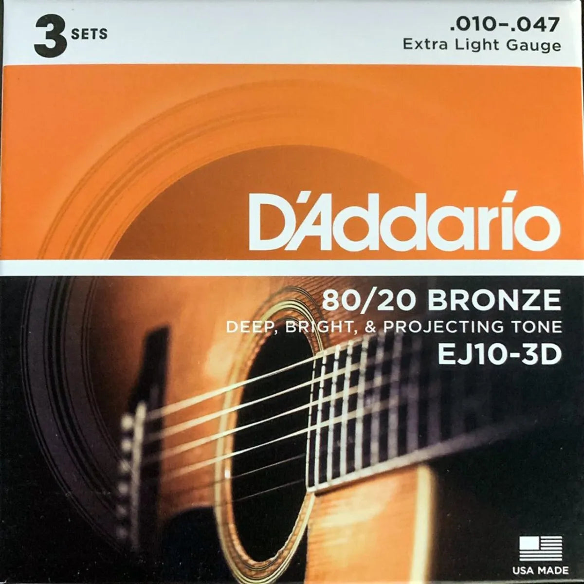Tri-Pack Set de Cuerdas D'Addario EJ10-3D 80/20 Bronze para Guitarra Acústica .010-.047 | 3 Juegos