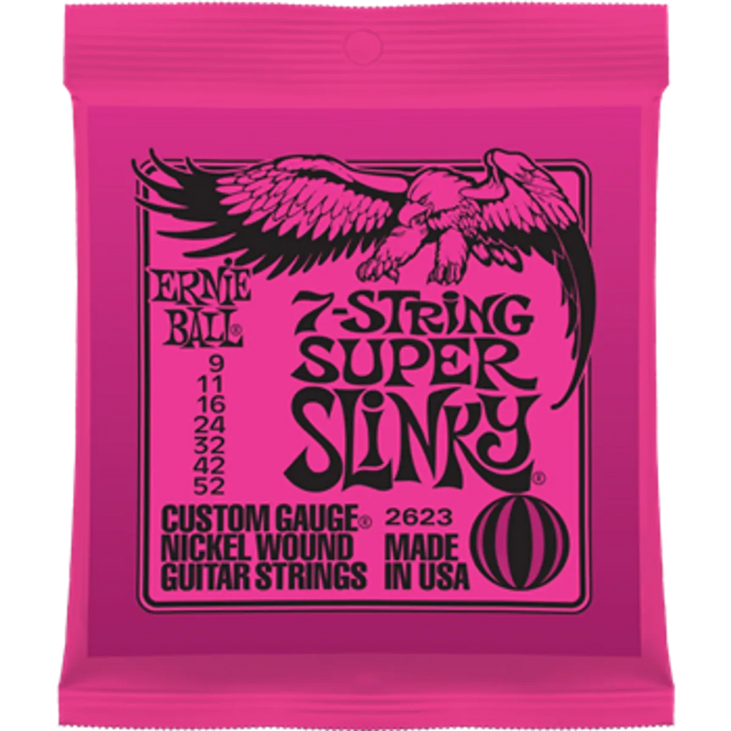 Encordadura Ernie Ball 2623 Super Slinky para Guitarra Eléctrica 7 Cuerdas .009-.052 | Paquete con 2 Juegos