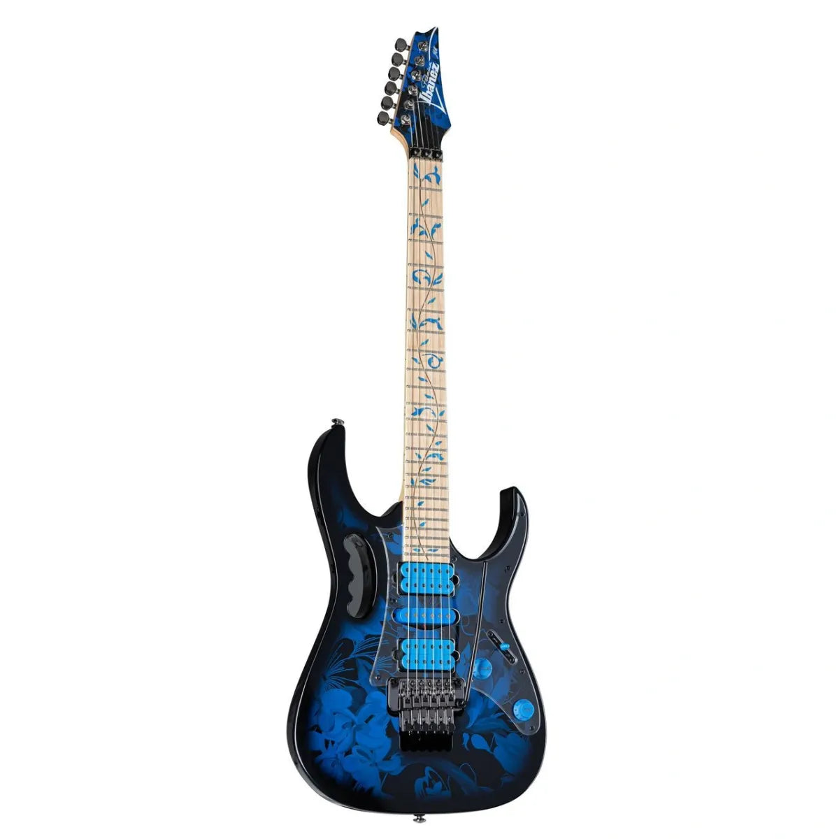 Guitarra Eléctrica Ibanez JEM77PBFP Steve Vai Signature Blue Floral Pattern con Pastillas DiMarzio y Puente Edge-Zero II