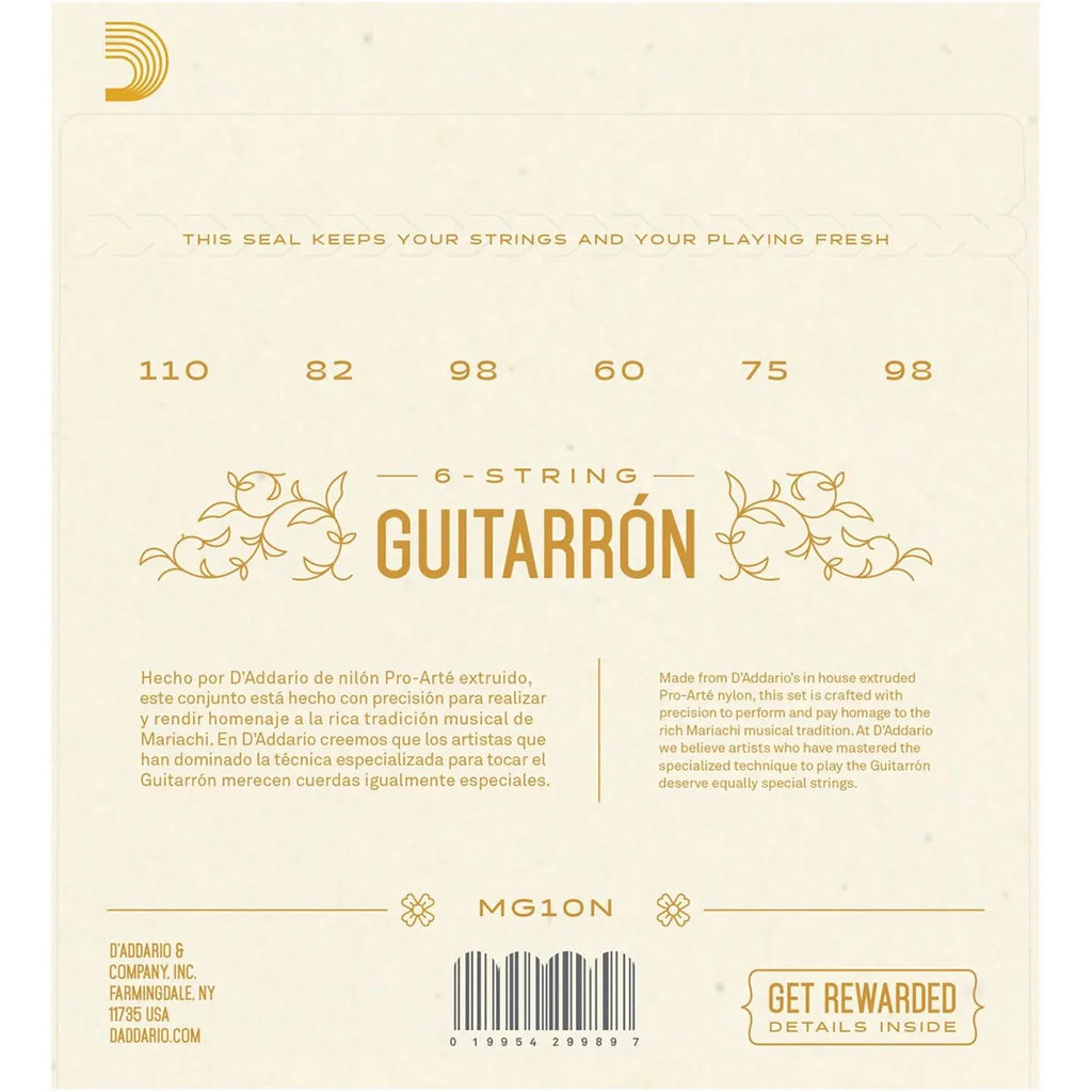 Encordadura para Guitarrón D'Addario MG10N Tensión Normal Juego de 6 Cuerdas para Mariachi