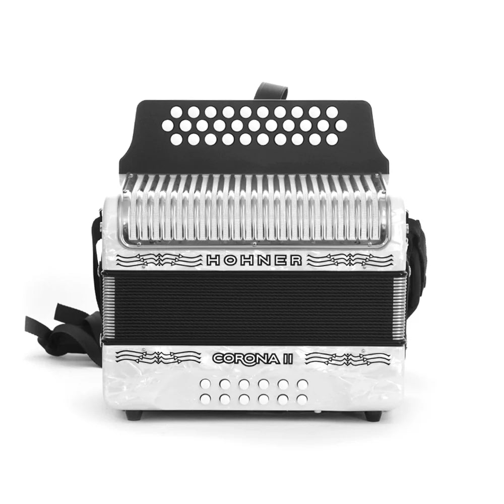 Acordeón Hohner Corona Classic II Blanco Tono Sol (GCF)  Profesional de 31 Botones y 12 Bajos