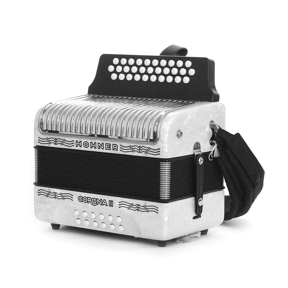 Acordeón Hohner Corona Classic II Blanco Tono Sol (GCF)  Profesional de 31 Botones y 12 Bajos