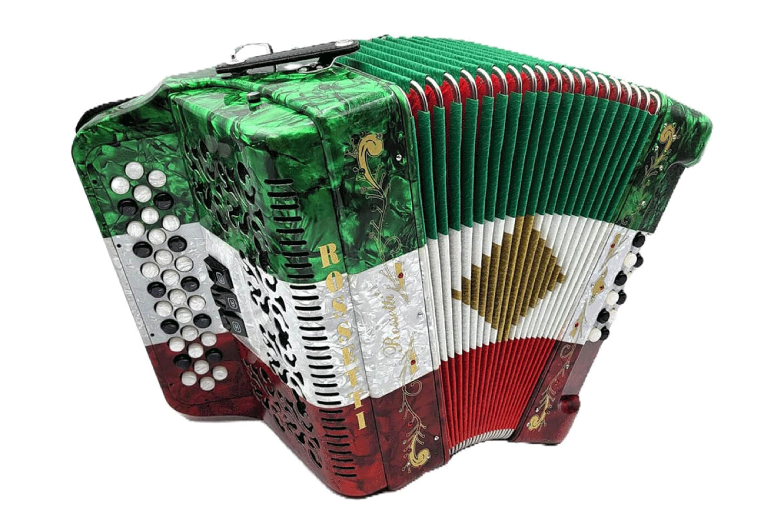 Acordeón Rossetti 3412 Tricolor Tono Sol GCF 34 Botones con Estuche