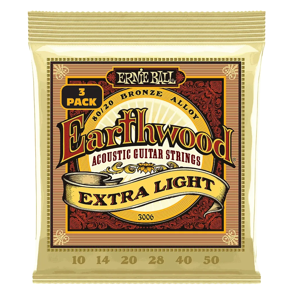 Tri-Pack Encordadura para Guitarra Acústica Ernie Ball 3006 Earthwood 80/20 Bronze Extra Light 10-50 (3 Juegos)