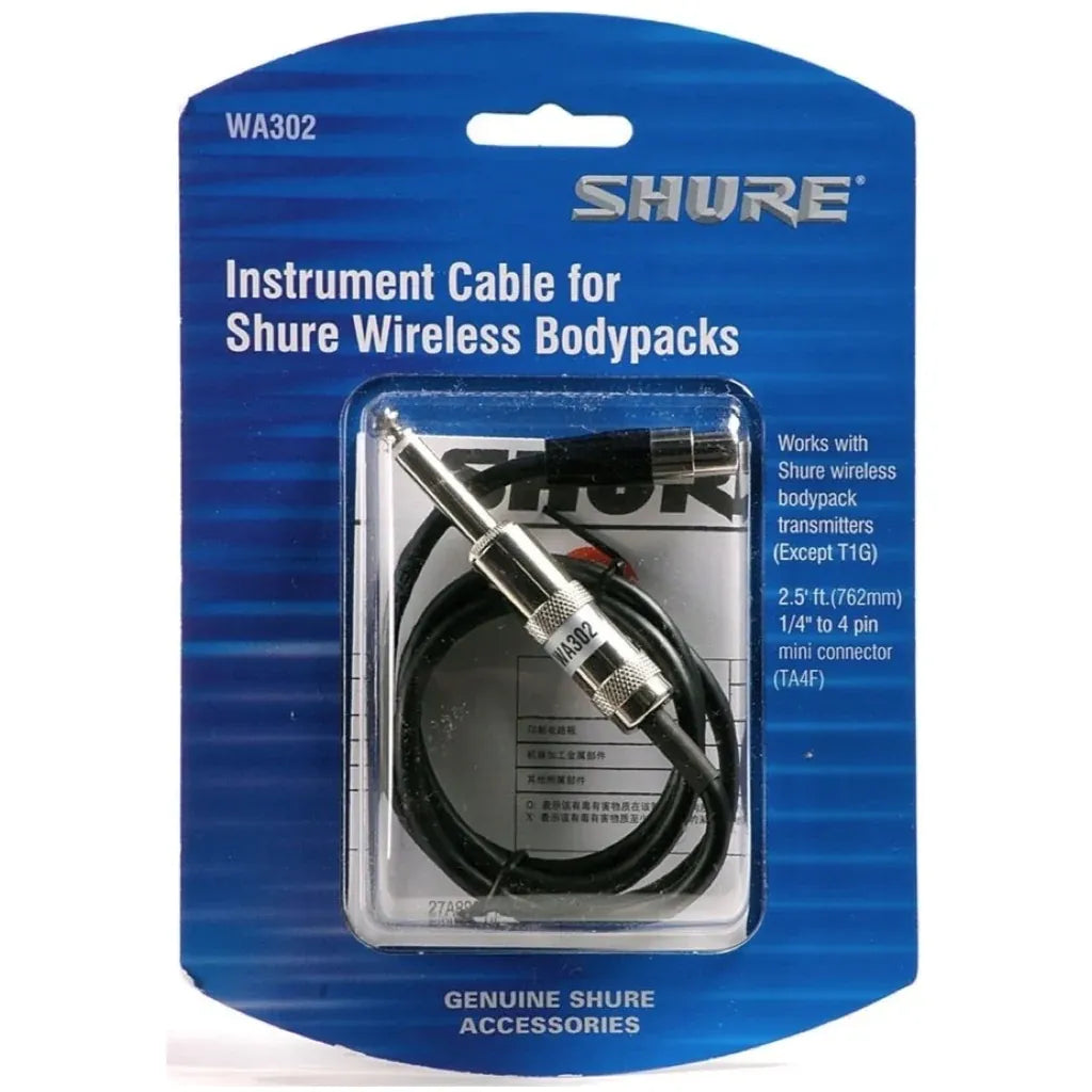 Cable para Instrumento Shure WA302 TA4F a Plug 1/4" para Sistemas Inalámbricos Bodypack