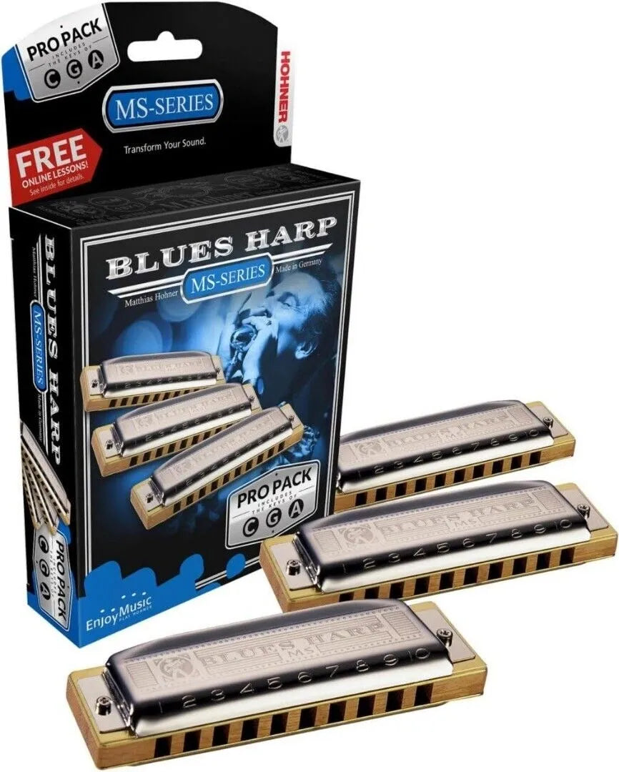 Armónica Hohner Blues Harp MS Set 3P532BX de 3 Piezas en C, A y G Diatónica para Blues y Rock
