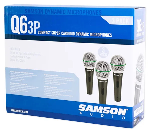 Pack de 3 Micrófonos Dinámicos Samson Q6CL3P Supercardioides para Voz e Instrumentos con Estuche