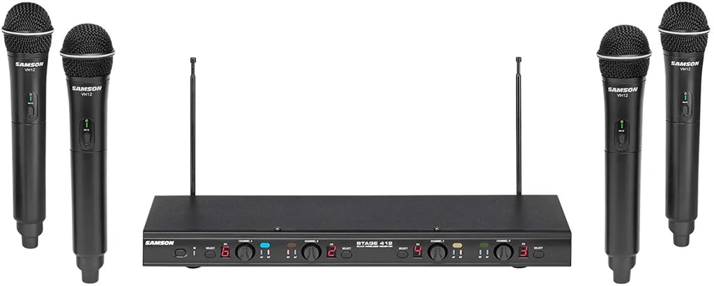 Sistema de Micrófonos Inalámbricos de Mano Samson Stage 412 Quad VHF – 4 Micrófonos Profesionales para Eventos, Iglesias y Presentaciones