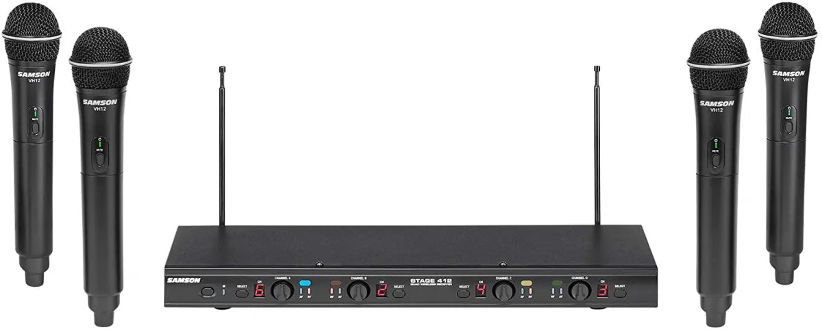Sistema de Micrófonos Inalámbricos de Mano Samson Stage 412 Quad VHF – 4 Micrófonos Profesionales para Eventos, Iglesias y Presentaciones